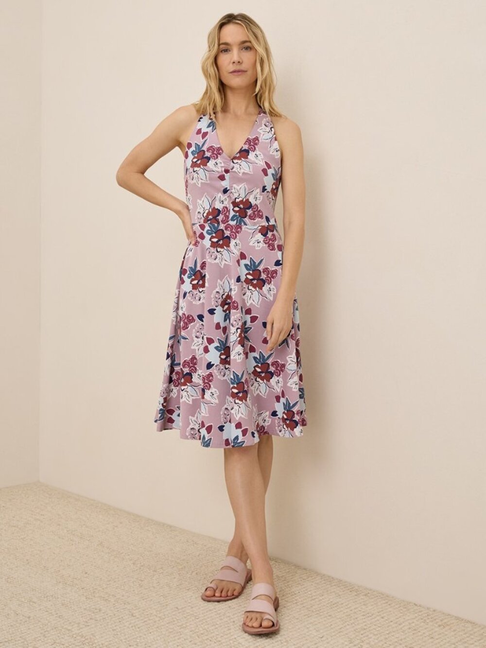 Pact Organic Fit & Flare Gathered Halter Dress XL Fresh Flora Lavender Haze